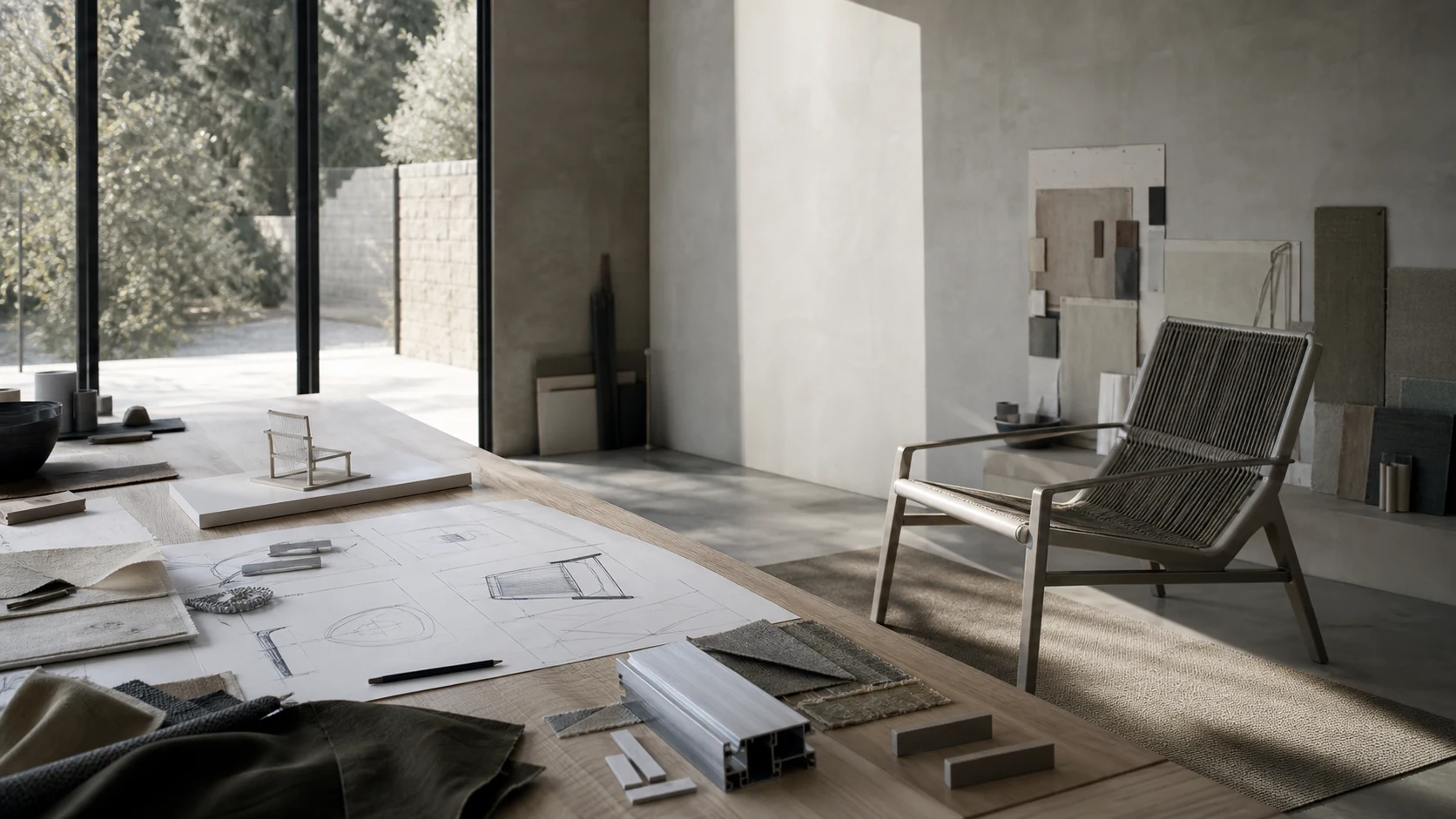Vectra design studio with outdoor chair prototype and material studies